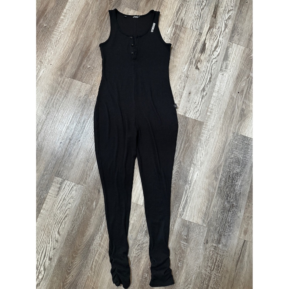 Gymshark Black Ribbed Henley Sleeveless Jumpsuit Ruched Stacked Leg Logo Womens